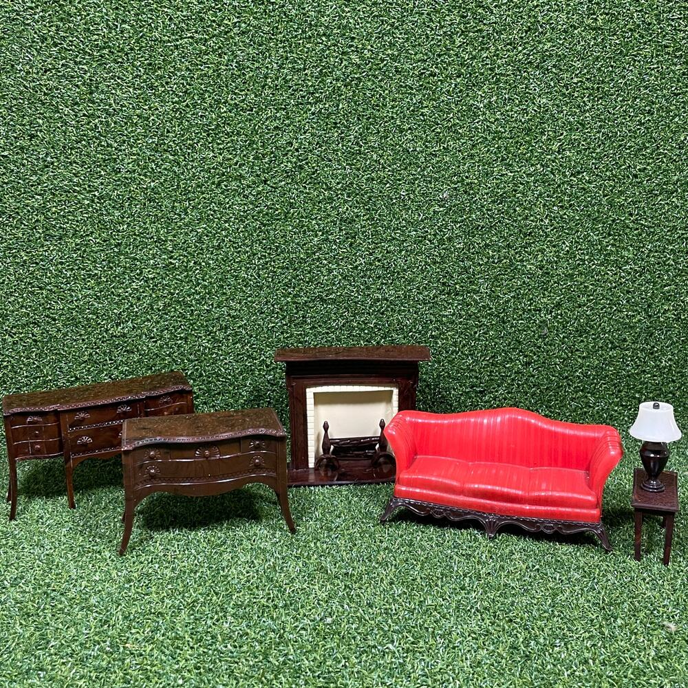 Vintage Miniature Dollhouse Living Room Set Fireplace Furniture